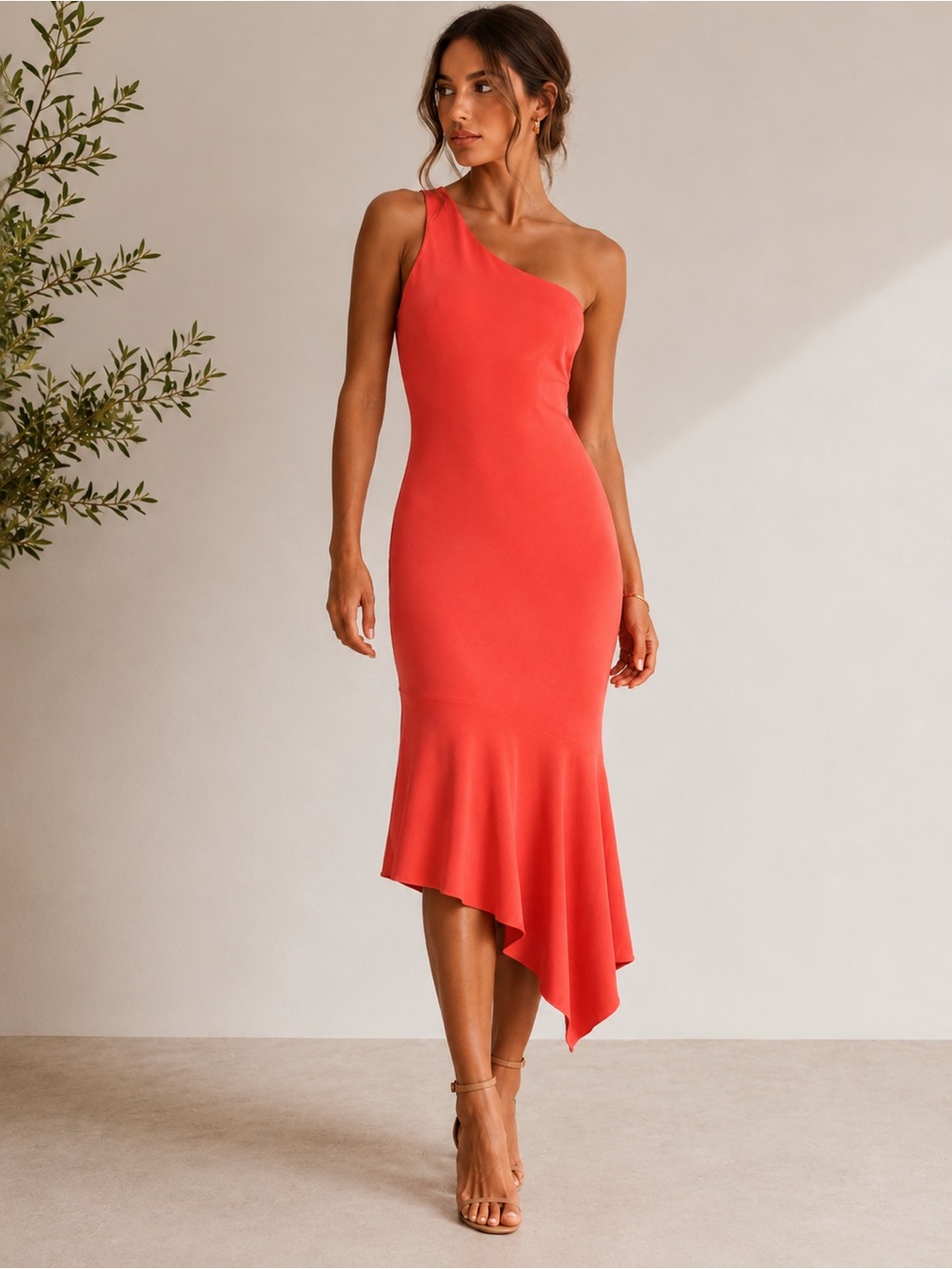 Cinq à Sept Dulcina One Shoulder Asymmetrical Handkerchief Hem Midi Dress Coral